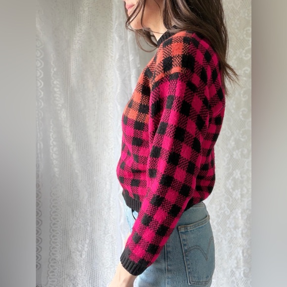 Vintage 80s Buffalo Check Sweater Pink Orange Black Cropped Knit Top - Picture 5 of 11